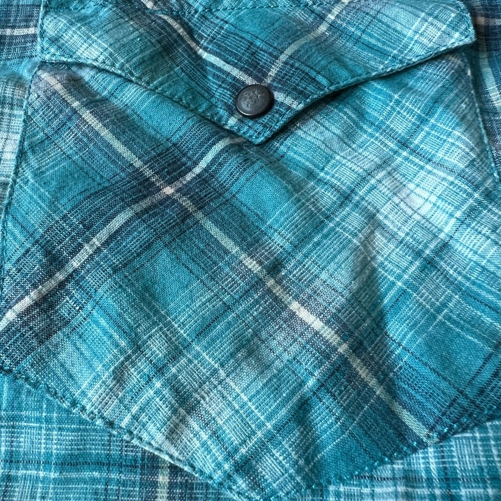 PATAGONIA Flannel Men's Small Shirt Teal‎ Plaid Button Up Long Sleeve Green Blue - Picture 3 of 11